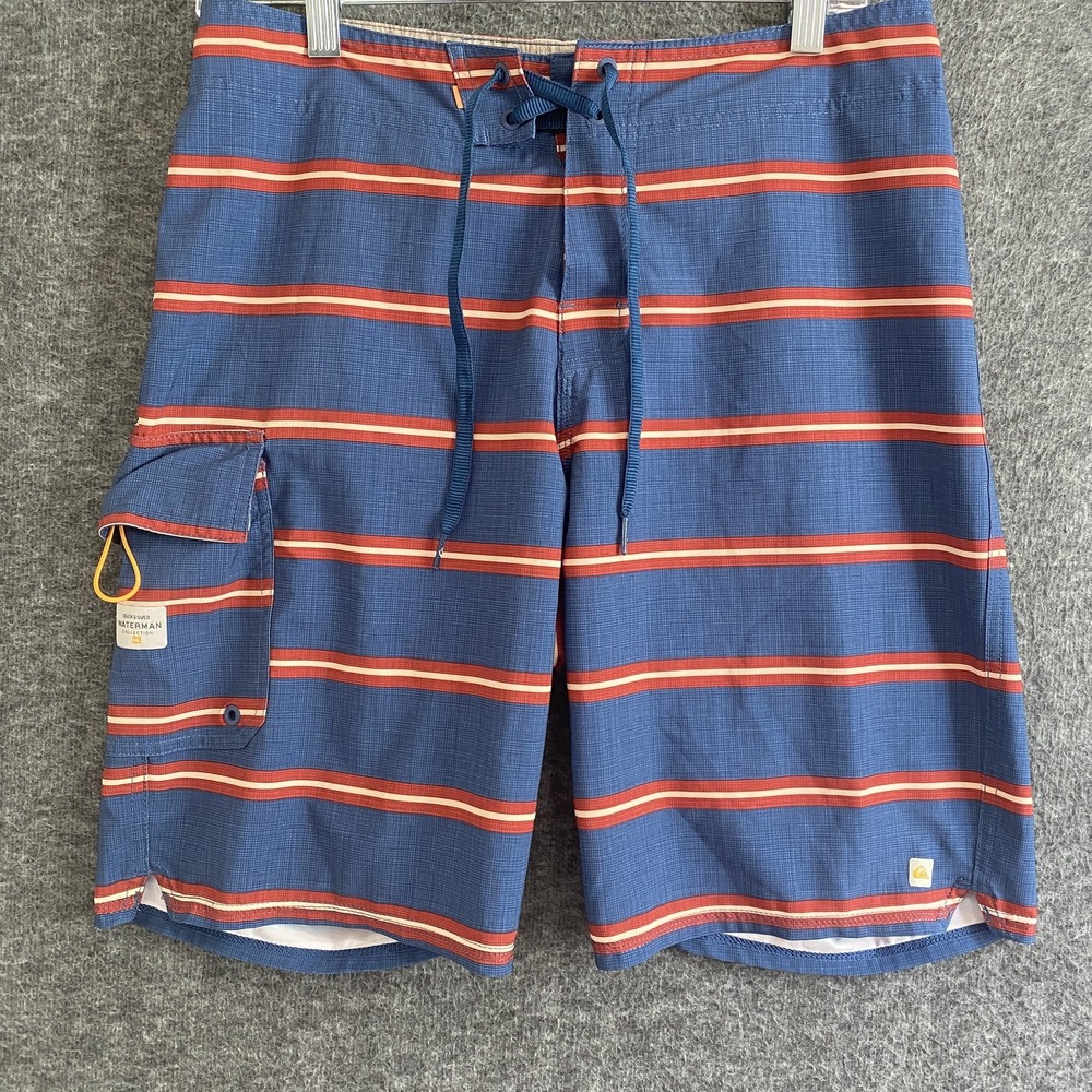Quiksilver Waterman Board Shorts Men 30 Blue Red Striped Swim Trunks Surf Pocket